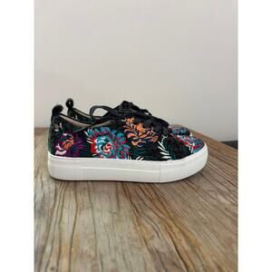 J Slides Aprie Black Floral Embroidered Platform Lace Up Sneaker